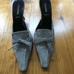 Prada Pointed Toe Bow Suede Mules